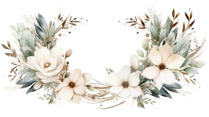 Elegant winter wreath with white flowers and a watercolor frame - obrazy, fototapety, plakaty