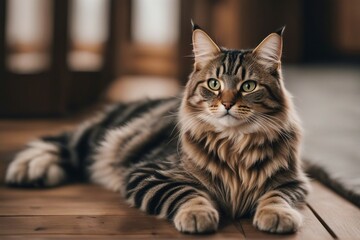 Obraz premium A cute fluffy tabby cat lies in a living room on a wooden floor
