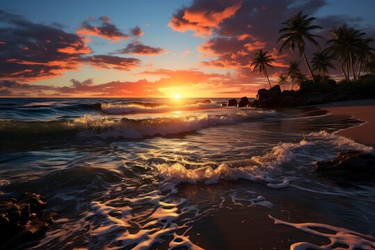 A serene tropical beach at sunset, with palm trees swaying in the gentle breeze and the ocean reflecting the warm hues of the setting sun