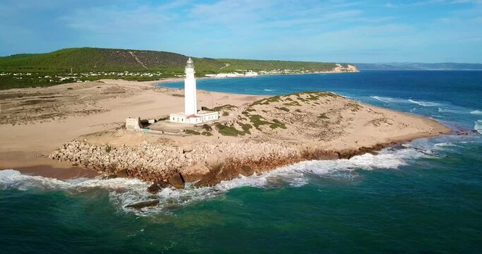 Faro de Trafalgar, aerial view of the lighthouse at a sandy headland with dunes between Los Ca&ntilde;os de Meca and Zahora, Conil de la Frontera, Vejer de la Frontera, Costa de la Luz, Andalusia, Spain