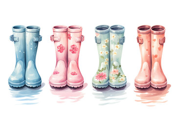 Hand-drawn pastel digital watercolour paint sketch of rubber boots with various prints for baby boys and girls isolated close-up element for spring or summer decoration 