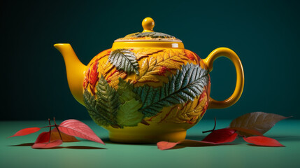 A yellow teapot with a pattern of green and red leaves