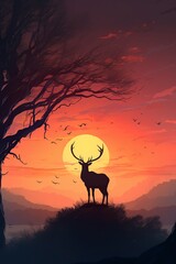 illustration, the deer standing on a giant branch