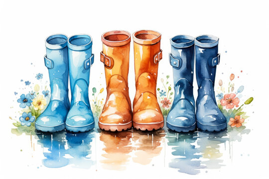Hand-drawn pastel digital watercolour paint sketch of rubber boots with various prints for baby boys and girls isolated close-up element for spring or summer decoration 