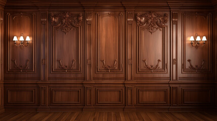 Luxury wood paneling background or texture highly crafted classic traditional wood paneling, with a frame pattern often seen in courtrooms premium hotels and law offices - obrazy, fototapety, plakaty