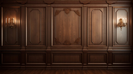 Luxury wood paneling background or texture highly crafted classic traditional wood paneling, with a frame pattern often seen in courtrooms premium hotels and law offices