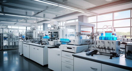Modern Science Laboratory With Computers, Microscopes, Test Tubes And Other Laboratory Equipments.