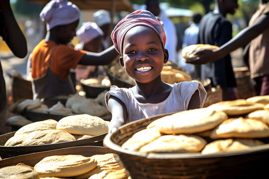 Happy African girl satisfied with simple bread, importance of staple food in developing countries, concept of fighting hunger