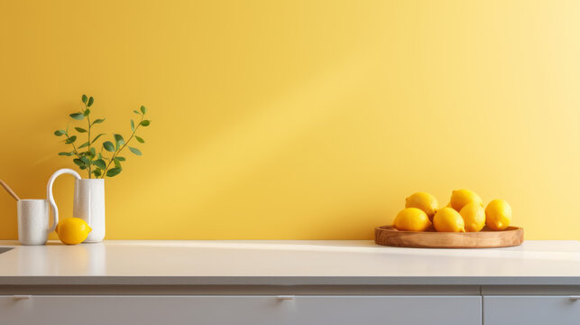A yellow kitchen with a white countertop