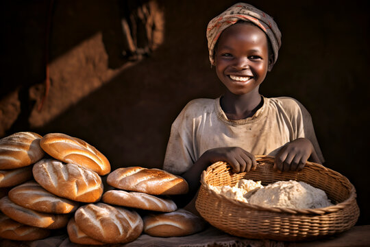 A poor African girl cooks bread with flour and water, without vegetables or meat. A symbol of stunted growth among African children is the lack of staple foods in their diets.