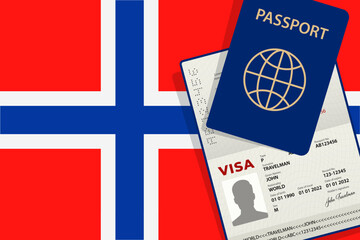 Visa to Norway and Passport. Norwegian Flag Background. Vector illustration