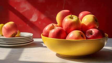 A yellow bowl filled with red and yellow apples