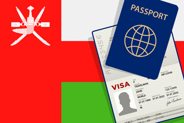 Visa to Oman and Passport. Omani Flag Background. Vector illustration