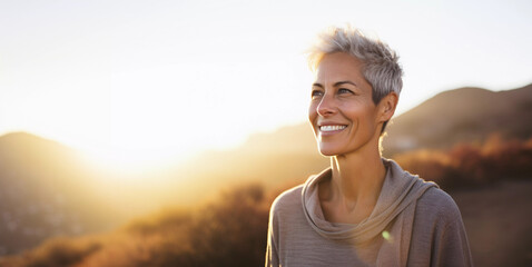 Lifestyle portrait of happy mature woman walking alone on park trail outside - Powered by Adobe