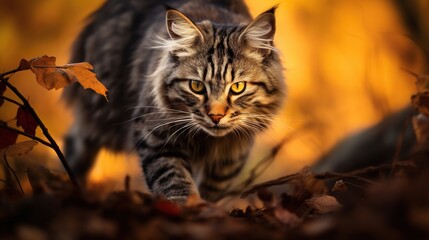 Naklejka na ściany i meble a cat walking through a leaf filled forest in the fall. generative ai
