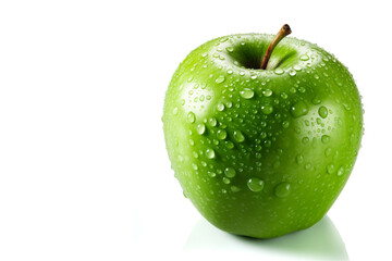 Fresh Green Apple with Water Drops Closeup for Healthy Snacking on white background