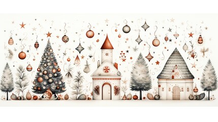 Obraz premium a painting of a christmas scene with a castle and trees. generative ai