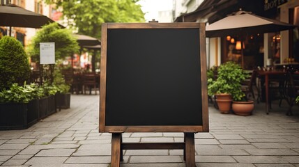  a sidewalk with a sign on it in front of a restaurant.  generative ai