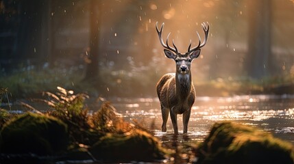  a deer is standing in a stream in the woods in the rain.  generative ai