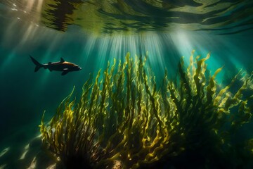A lush underwater kelp forest with sunlight filtering through the water - AI Generative