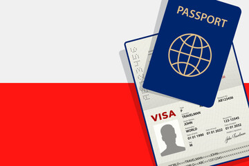 Visa to Poland and Passport. Polish Flag Background. Vector illustration