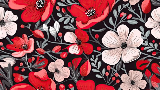  a black and red floral pattern with white and red flowers.  generative ai
