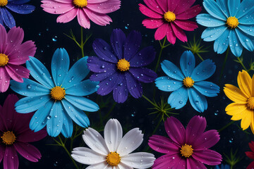 Colorful cosmos flowers on a dark background. Generative ai