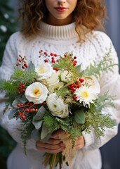 Young woman holding beautiful winter bouquet from fresh flowers,evergreen and winter berries.