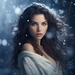 Fototapeta premium Beautiful woman surrounded by snowflakes, portrait