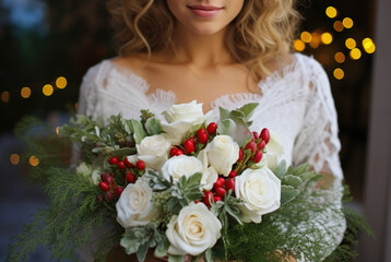 Young woman holding beautiful winter bouquet from fresh flowers,evergreen and winter berries.