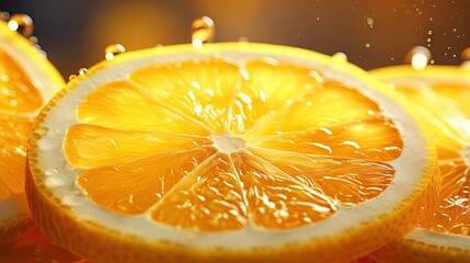  a close up of a sliced orange with water droplets on it.  generative ai