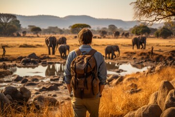 An exciting wildlife safari adventure with a traveler observing a group of elephants in their natural habitat, emphasizing the importance of responsible tourism - obrazy, fototapety, plakaty