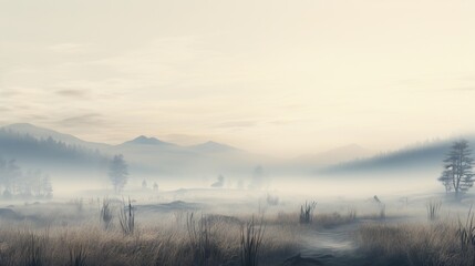  a foggy landscape with trees and mountains in the distance.  generative ai