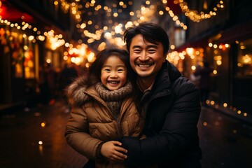 Obraz premium Asian father and daughter smiling and enjoying Chinese New Year in urban background