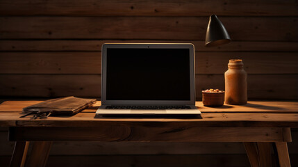  A wooden desk with four legs and a brown top with a laptop on it