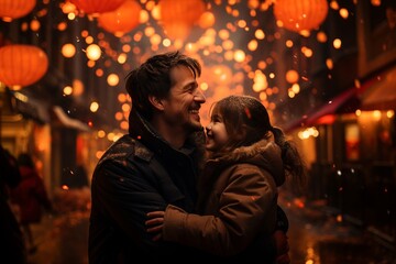 Obraz na płótnie Canvas Asian father and daughter smiling and enjoying Chinese New Year under red lanterns
