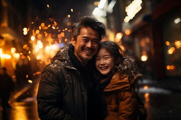 Obraz premium Asian father and daughter smiling and enjoying Chinese New Year under the snow