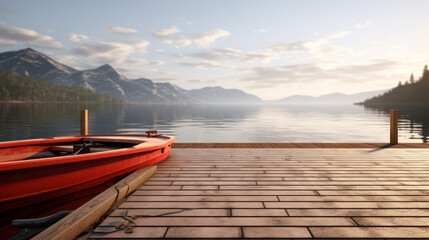 A wooden deck overlooks a lake with a bright red and white rowboat tied to a dock