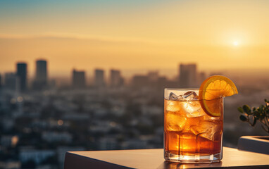 Close-up view of a Negroni cocktail against a beautiful city at sunset on the background. Alcoholic drink on a rooftop bar concept.