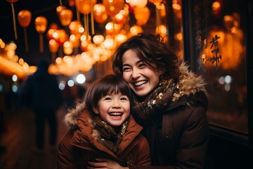 Obraz na płótnie Canvas Asian father and daughter smiling and enjoying the Chinese new year unther the snow in a full of red lanterns street