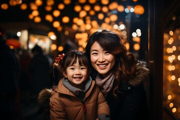 Asian mother and daughter smiling and enjoying the Chinese new year in a full of red lanterns street