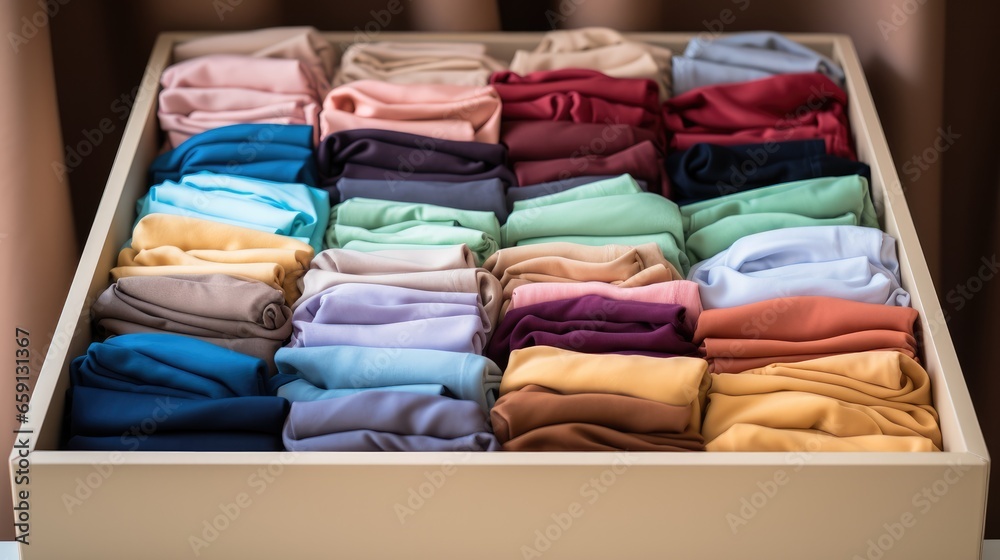 Poster Shot of neatly folded clothes in color order inside a clear drawer.