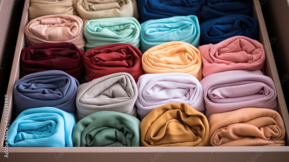 Poster Shot of neatly folded clothes in color order inside a clear drawer.