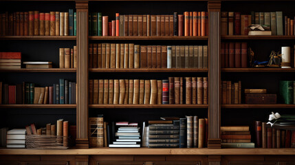 A wooden bookshelf with multiple shelves and a row of books