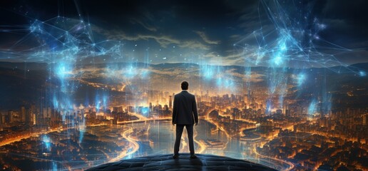 Visionary lieder business person on a rooftop with metrocity panorama in the night, global connection business concept - obrazy, fototapety, plakaty