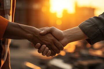 handshake between two professionals on the construction site - obrazy, fototapety, plakaty