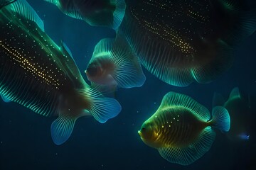 Obraz premium The deep-sea environment where bioluminescent organisms emit a mesmerizing glow - AI Generative