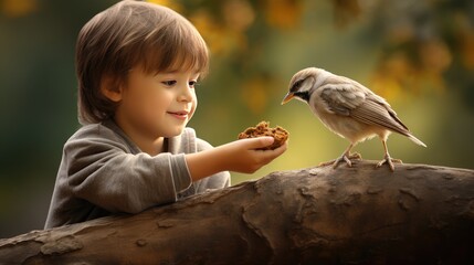compassion and care of a young kid as he feeds birds, creating lasting childhood memories and a love for wildlife - obrazy, fototapety, plakaty