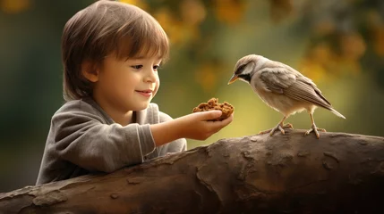 Fotobehang compassion and care of a young kid as he feeds birds, creating lasting childhood memories and a love for wildlife © pvl0707