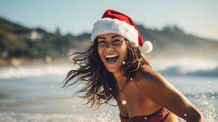 Young woman at the beach wearing a santa claus hat enjoying her christmas holidays. Generated with ai.